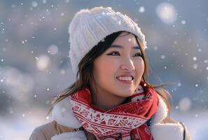 ai gerado lindo ásia mulher dentro neve inverno estação com feliz e sorrir foto