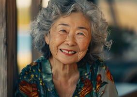 ai gerado retrato do feliz Senior ásia mulher sorridente em a de praia às pôr do sol foto