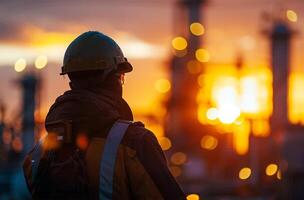 ai gerado engenheiro ou técnico às a óleo e gás refinaria plantar às pôr do sol ou nascer do sol Tempo foto