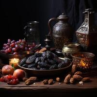 ai gerado uma mesa com uma grupo do fruta e uma vela foto