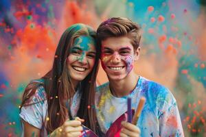 ai gerado uma sorridente jovem homem e mulher com holi cores foto