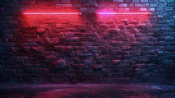 ai gerado uma Preto tijolo parede com uma cativante interação do roxa e vermelho néon luzes, refletindo fora a molhado terra para uma temperamental urbano atmosfera. foto