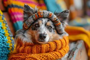 ai gerado cachorro vestindo tricotado chapéu e cachecol generativo ai foto