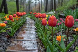 ai gerado vibrante vermelho e amarelo flor jardim generativo ai foto