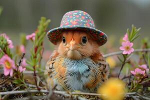 ai gerado pequeno pássaro vestindo chapéu generativo ai foto