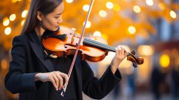 ai gerado fechar-se tomada. violinistas mãos jogando, capturando habilidade e dedicação com cópia de espaço para texto foto