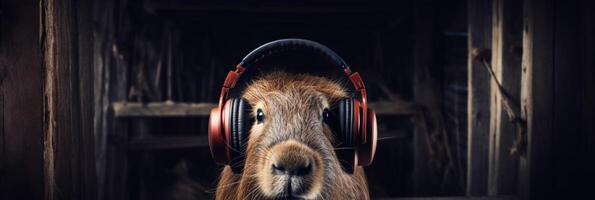 ai gerado capivara dj vestindo fones de ouvido escuta para música com cópia de espaço para texto e Projeto elementos foto