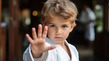 ai gerado jovem Garoto dentro tradicional branco quimono práticas Jiu Jitsu, demonstrando uma poderoso soco técnica foto