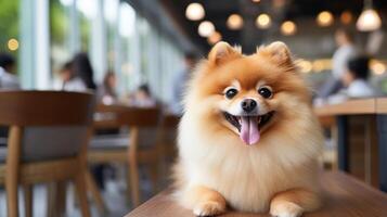 ai gerado adorável pomerânia spitz cachorro desfrutando uma relaxante momento dentro uma acolhedor cafeteria meio Ambiente com cópia de espaço foto