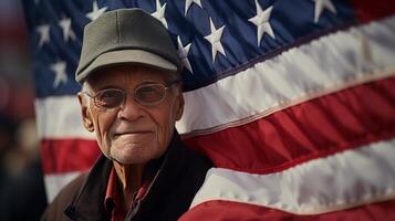 ai gerado Senior homem orgulhosamente olhando às americano bandeira mostrando emoções independência dia EUA Julho 4 foto