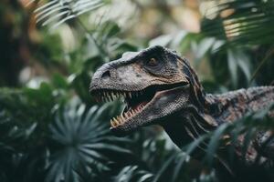 ai gerado velociraptor dentro natural habitat, dinossauro animais selvagens cena conceito com espaço para texto foto