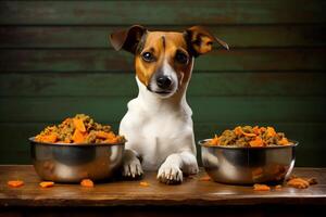 ai gerado jack russell terrier com cachorro Comida tigela, ideal para adicionando texto e atraindo animal amantes foto