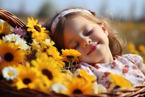 ai gerado menina com flor cesta dentro Prado. repousante momento cercado de florescendo flores alergia conceito. foto