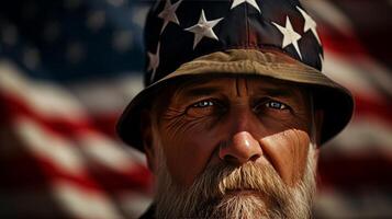 ai gerado feliz Senior homem a comemorar independência dia com americano bandeira em 4º do Julho celebração foto