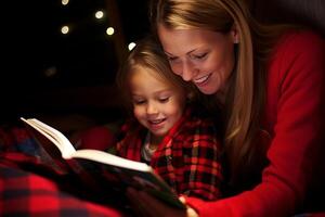 ai gerado mãe e criança dentro pijamas lendo uma livro juntos antes posição para cama foto