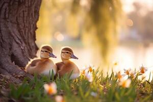 ai gerado adorável patinhos em exuberante verde Relva ao ar livre com bastante do espaço para texto e logotipos foto