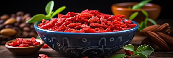 ai gerado delicioso goji bagas - fresco e nutritivo bandeira fundo para saudável comendo e bem estar foto