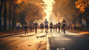 ai gerado cheio cobertura do parada ou maratona rota com participantes e espectadores em borrado fundo foto