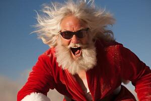 ai gerado louco santa claus em a tropical de praia com em branco espaço para adicionando texto e mensagens foto