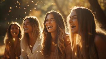 ai gerado grupo do fechar amigos rindo e conversando, mostrando Forte camaradagem e títulos do amizade foto