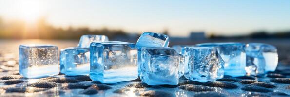 ai gerado gelo cubos bandeira em borrado fundo com cópia de espaço para texto, frio refrescante bebida conceito foto