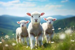 ai gerado pitoresco cena do uma grupo do fofa ovelha pacificamente pastar dentro a sereno alpino prados foto