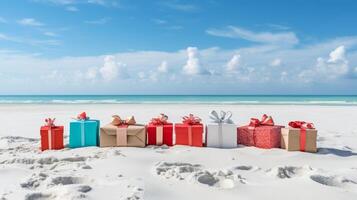 ai gerado Natal presente em a arenoso de praia com amplo cópia de espaço para feriado saudações e mensagens foto