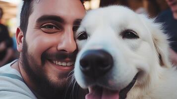 ai gerado sorridente homem às casa com dele Amado cachorro. expressando amor e amizade entre humano e animal foto