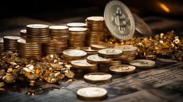 ai gerado bitcoin dourado moedas em gráfico, blockchain tecnologia, criptomoeda mineração conceito foto