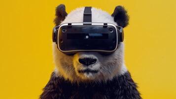 ai gerado uma panda com uma virtual realidade fone de ouvido com lindo amarelo pano de fundo. foto