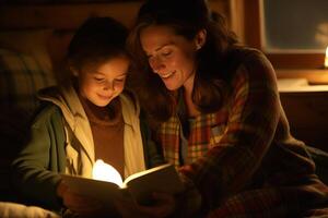 ai gerado mãe e criança dentro pijamas lendo uma livro juntos antes posição para cama foto