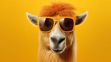 ai gerado engraçado alpaca dentro oculos de sol em laranja fundo. humorístico animal com cópia de espaço para texto foto
