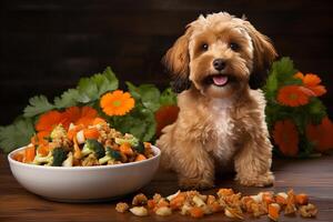 ai gerado adorável cachorro sentado entre uma diverso seleção do delicioso animal alimentos e guloseimas foto