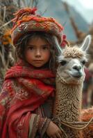 ai gerado peruano menina e dela lhama. uma jovem lama é em pé Próximo para outro pequeno criança foto