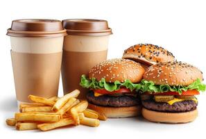 ai gerado Hamburger francês fritas e dois copos do café em branco fundo foto