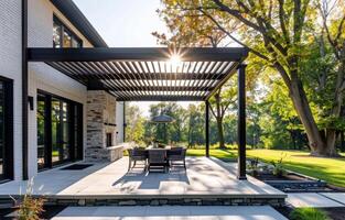 ai gerado pérgola fornece sombra e Lugar, colocar para relaxar em a pátio foto