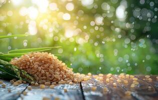 ai gerado Castanho arroz ou cru branco arroz com verde folhas em de madeira mesa com a arroz campo fundo foto