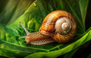 ai gerado Caracol rastejando em a verde folha. uma fechar-se foto do a inquisitivo Caracol