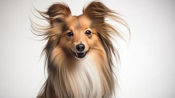 ai gerado lindo collie cachorro poses para Câmera com bastante do cópia de espaço em branco fundo foto