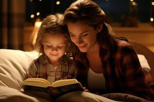 ai gerado mãe e criança dentro pijamas lendo uma livro juntos antes posição para cama foto