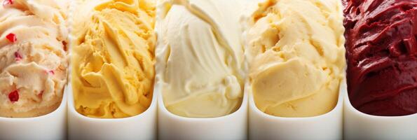 ai gerado delicioso variedade do saboroso sorvete colheres dentro cheio quadro, Armação fundo bandeira detalhe foto