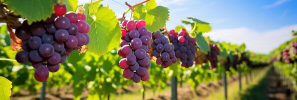 ai gerado gostoso cachos do fresco uvas florescente em uma moderno e bem mantido plantação bandeira foto