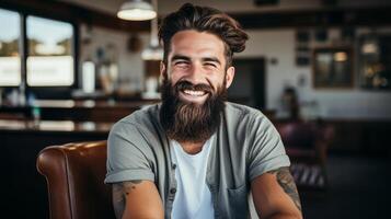 ai gerado brutal tatuado homem com barba sorridente dentro barbearia interior, na moda masculino estilista conceito foto