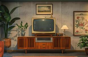 ai gerado retro televisão e vintage mobília dentro a vivo quarto foto