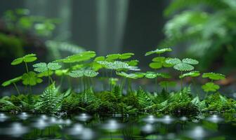 ai gerado lindo verde musgo e Relva com fresco brilhante verde folhas dentro floresta com suave foco e suave bokeh fundo foto