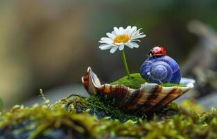 ai gerado Caracol e joaninha em Concha com margarida foto