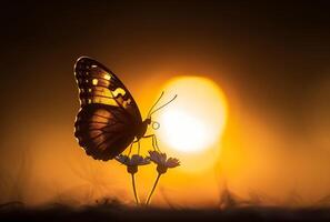 ai gerado silhueta do borboleta em flor às pôr do sol foto