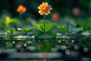 ai gerado lindo laranja flor dentro a água com verde folhas e água gotas foto