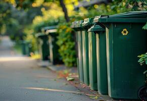 ai gerado verde reciclando caixas forrado acima ao longo rua foto