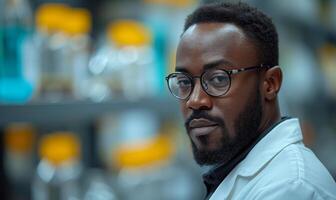 ai gerado retrato do bonito jovem cientista dentro laboratório casaco e óculos. foto